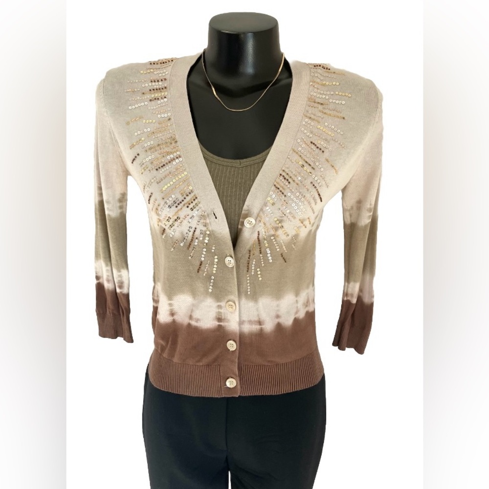 BCBG cotton SILK bling GLAM browns GOLDS ombré V-neck CARDIGAN sweater SMALL